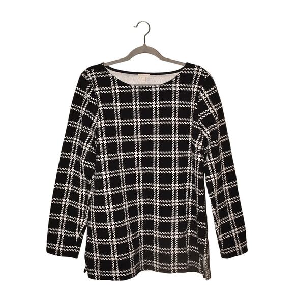 TALBOTS‎ $89 Black White Grid Check Textured Knit Pullover Tunic Long Sleeve XL - Picture 1 of 3